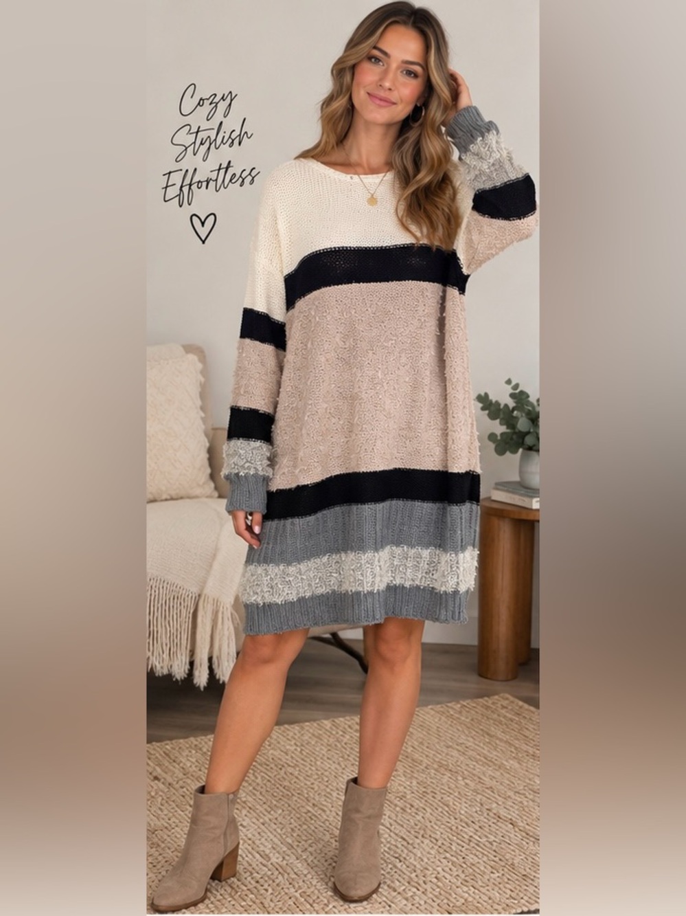 Umgee Colorblock Crew Neck Sweater Dress in Cream, Tan, Gray, Black NWT